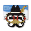 Novelty glasses with a black hat, red mustache, and gold accents on a blue and white card.