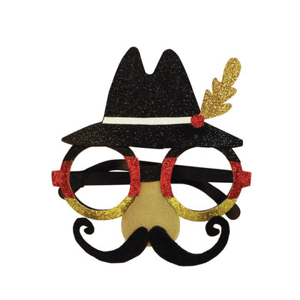 Novelty glasses with a black hat, red frames, and gold accents on a white background