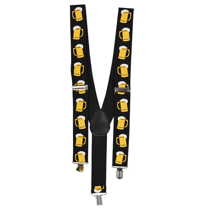 Black suspenders with yellow beer mug pattern on a white background