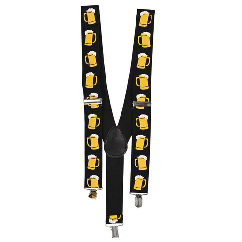Black suspenders with yellow beer mug pattern on a white background