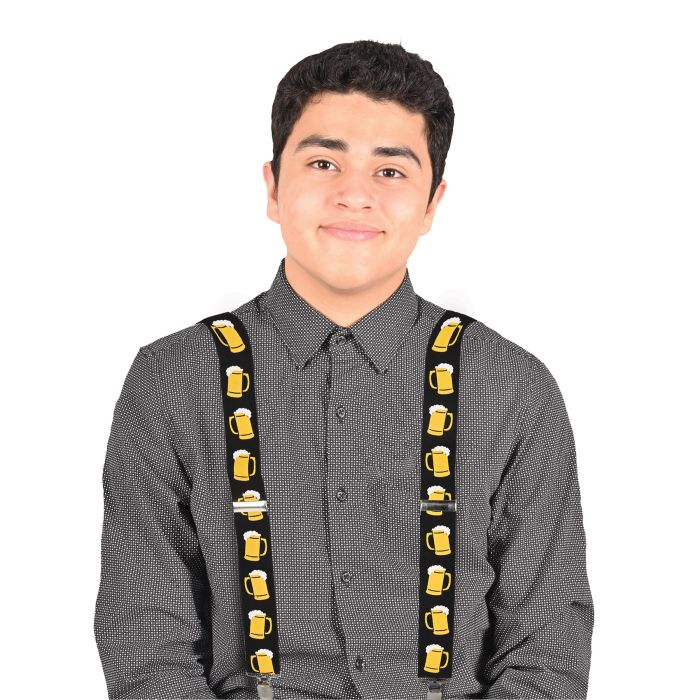 Person wearing suspenders with beer mug design on a white background
