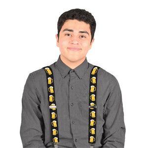 Person wearing suspenders with beer mug design on a white background
