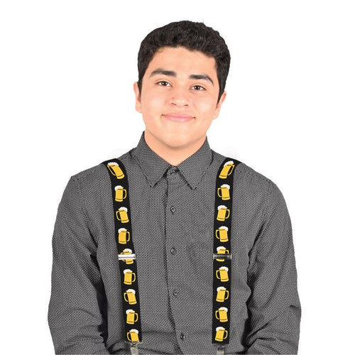 Person wearing suspenders with beer mug design on a white background