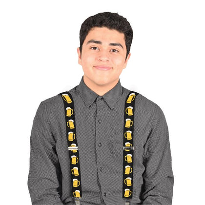 Person wearing suspenders with beer mug design on a white background