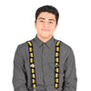 Person wearing suspenders with beer mug design on a white background