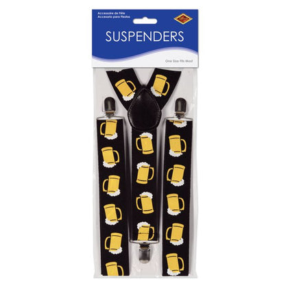 Suspenders with beer mug pattern in packaging on a white background