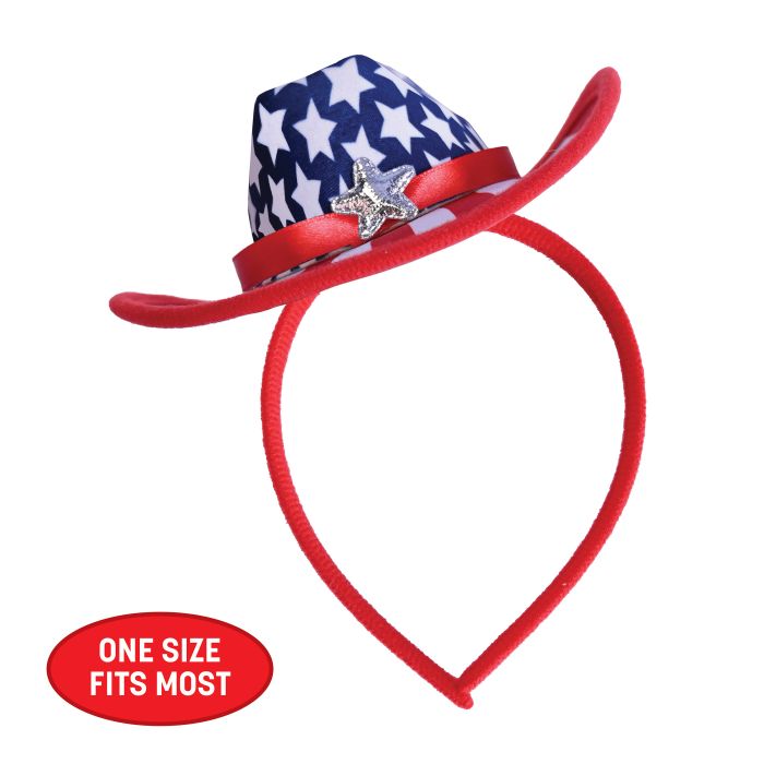 Red headband with a blue and white patterned cowboy hat on a white background
