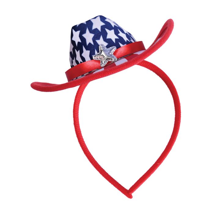 Red headband with a small cowboy hat featuring a blue and white pattern on a white background