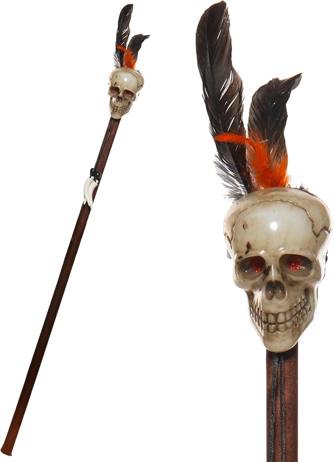 Witch Doctor Staff with Skull Top and Feather