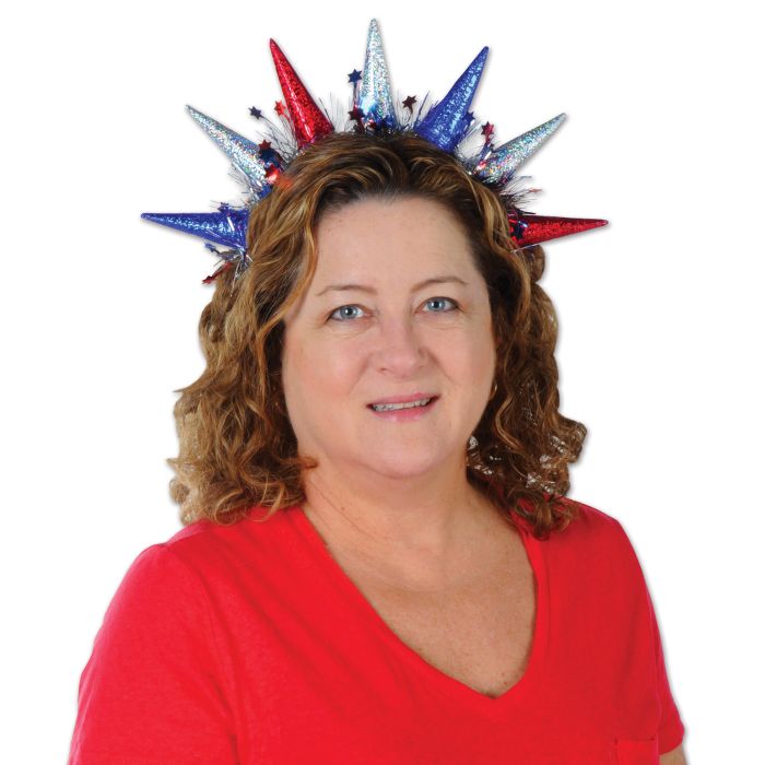 Woman wearing a festive headband with red, white, and blue colors on a white background