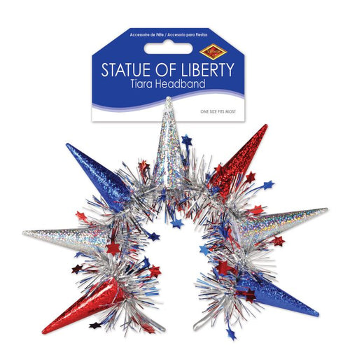 Statue of Liberty tiara headband with red, blue, and silver colors on a white background.