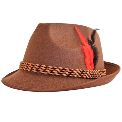 Brown hat with a red feather on a white background