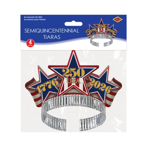 Semiquincenennial tiaras with star design and '250 USA 1776-2026' text in packaging