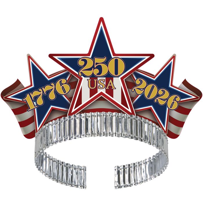 Star-shaped tiara with '250 USA' and '1776-2026' text on a white background