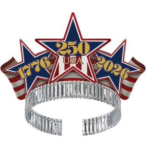 Star-shaped tiara with '250 USA' and '1776-2026' text on a white background