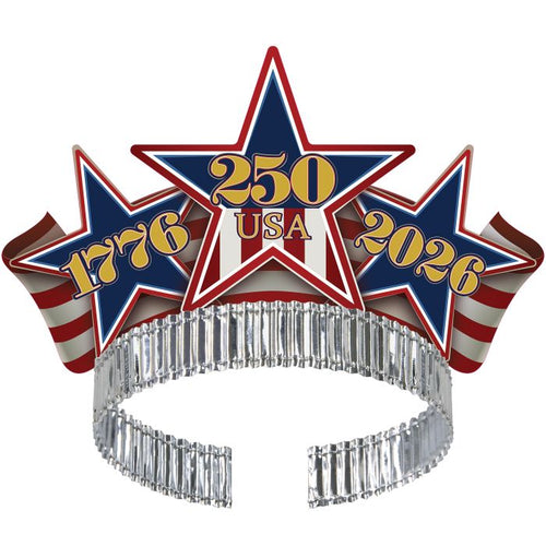 Star-shaped tiara with '250 USA' and '1776-2026' text on a white background