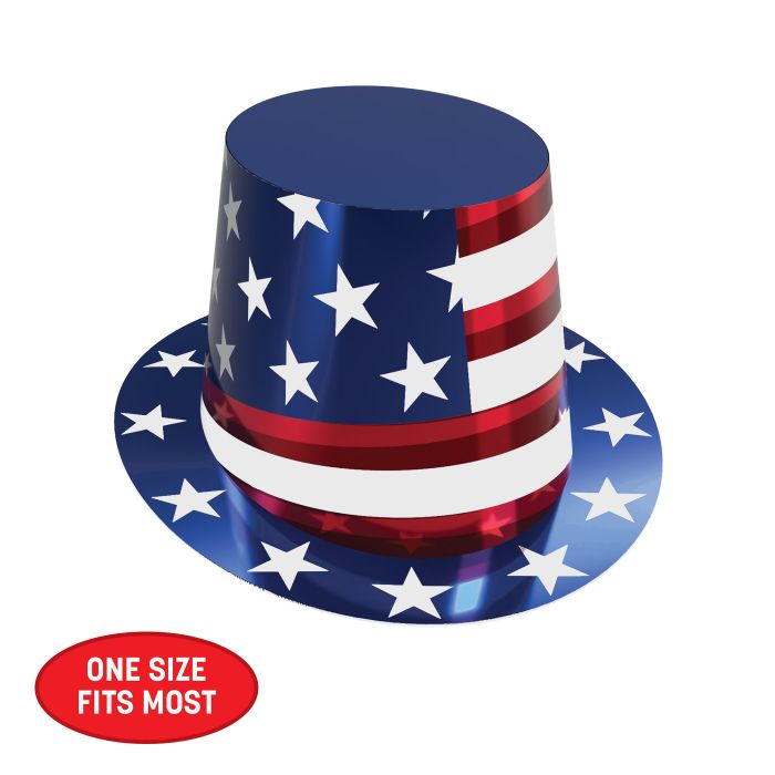 American flag-themed top hat with 'One Size Fits Most' label on a white background