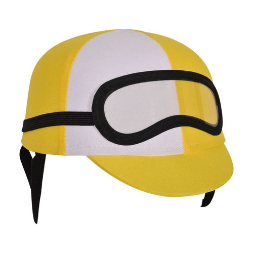Yellow cap with a white front panel and black goggles on a white background