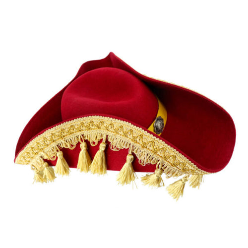 Red hat with gold tassels on a white background