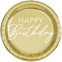 Gold Happy Birthday Round 9" Dinner Plates  8ct - Foil Stamping