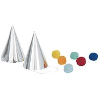 Silver Foil Party Hats with Scalloped Edge and Pom Pom  6ct