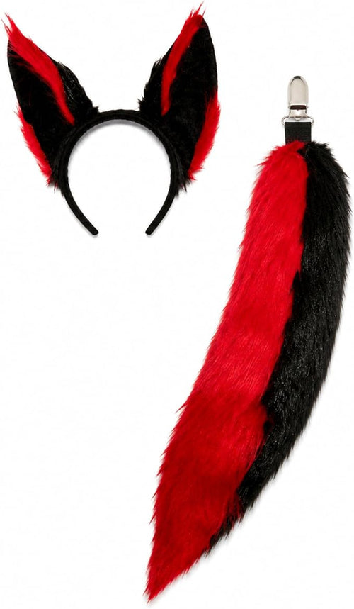 Black and Red Anime Fox Tail and Ears Set