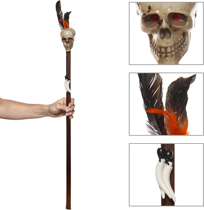 Witch Doctor Staff with Skull Top and Feather