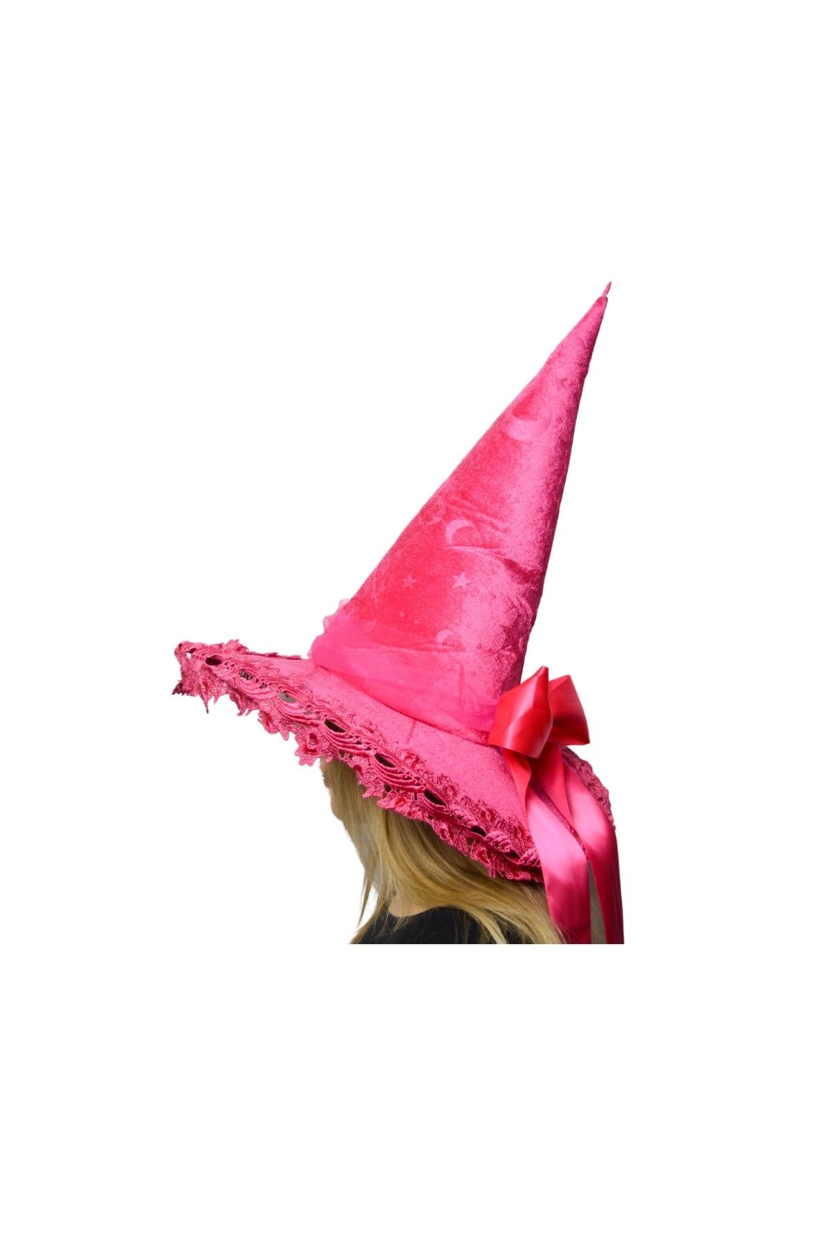 Assorted Colors Velvet Witch Hat with Lace | Halloween