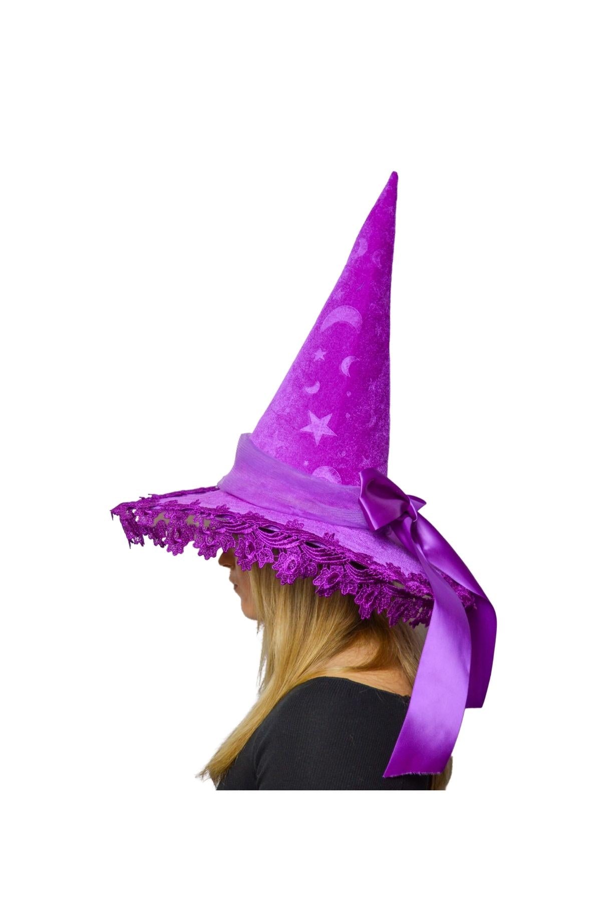 Assorted Colors Velvet Witch Hat with Lace | Halloween