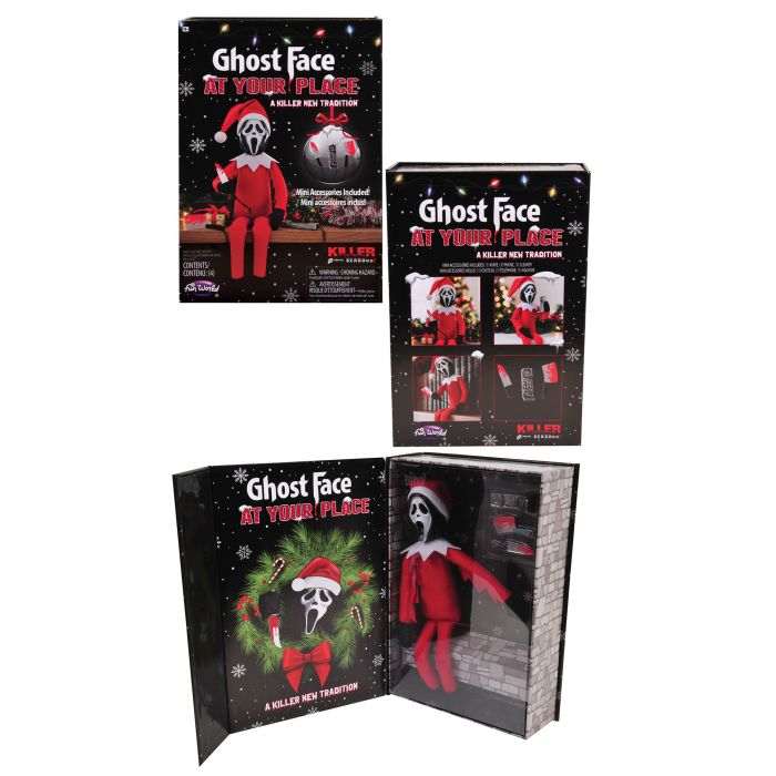Three views of a Ghost Face 'At Your Place' Christmas-themed elf toy and packaging set on a white background, including a closed front box, a smaller back/insert box, and an open display case showing the assembled red-and-white elf figure.