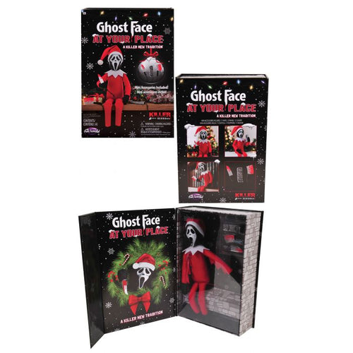 Three views of a Ghost Face 'At Your Place' Christmas-themed elf toy and packaging set on a white background, including a closed front box, a smaller back/insert box, and an open display case showing the assembled red-and-white elf figure.