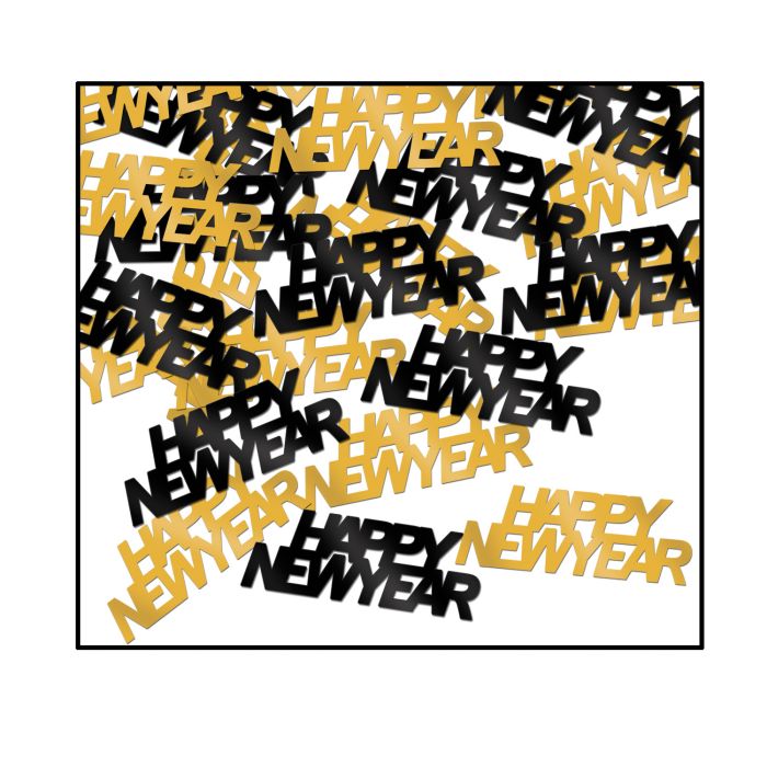Scatter of 'Happy New Year' confetti in black and gold on a white background