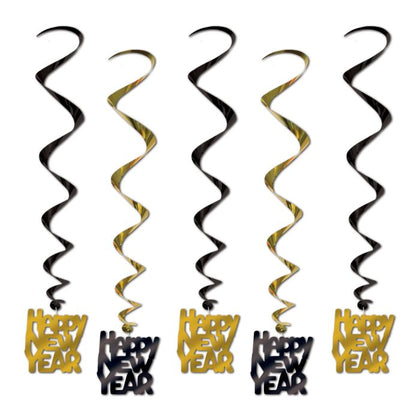 Five 'Happy New Year' spiral decorations on a white background