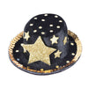Black top hat with gold stars and polka dots on a white background
