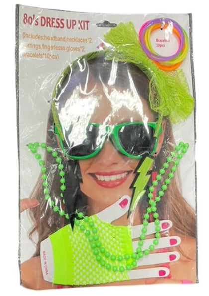 80s dress up kit packaging with sunglasses, beads, and accessories on a white background