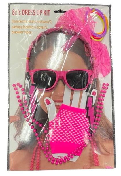 80s dress up kit with sunglasses, wig, gloves, and beads in packaging