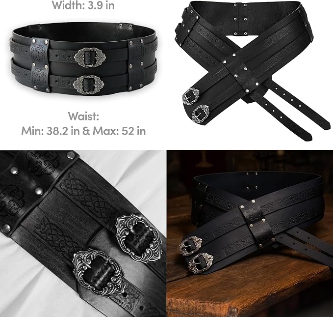 Medieval Faux Leather Double Buckle Belt Black