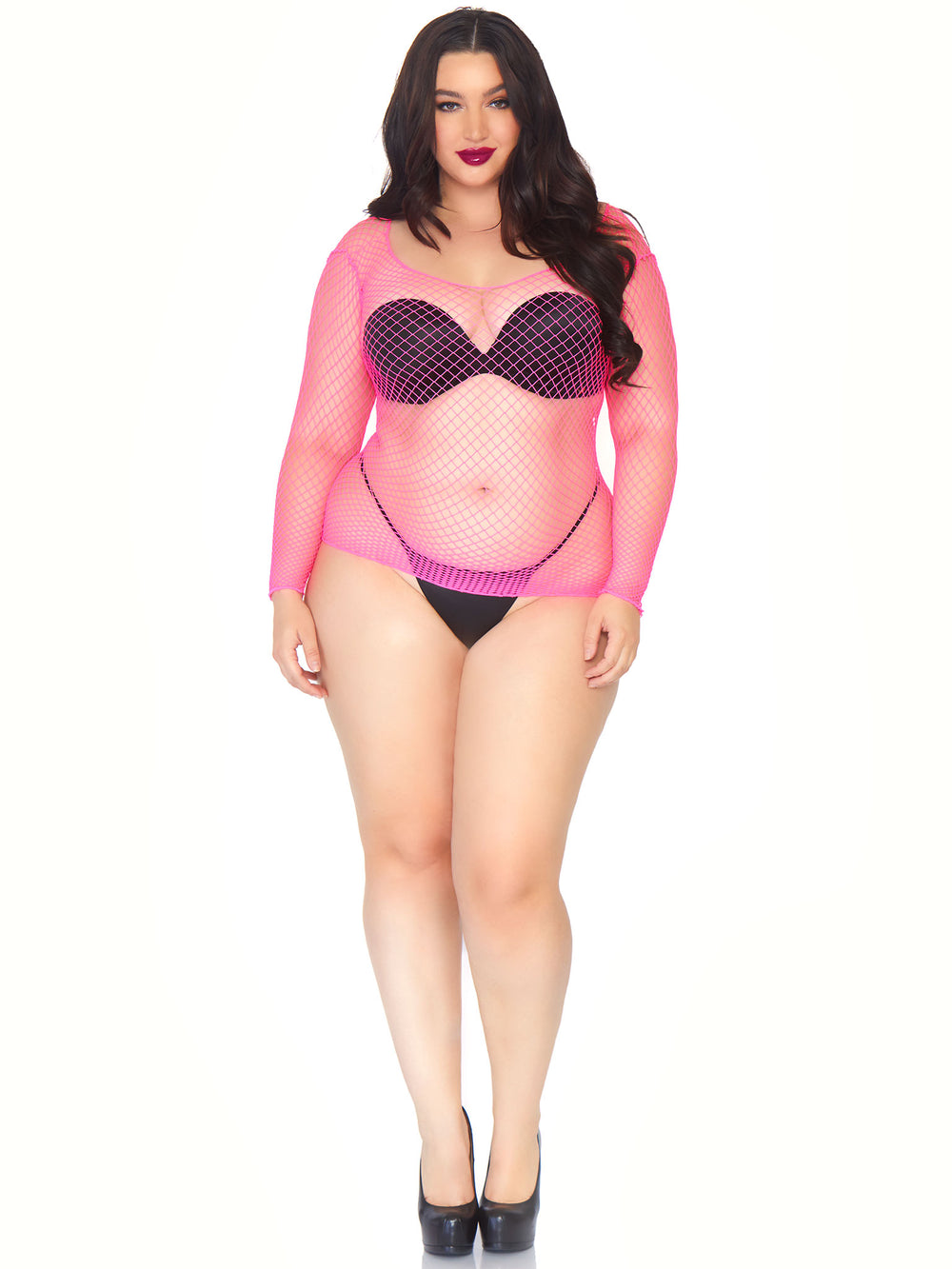 Plus Size Net Long Sleeve Shirt - Neon Pink