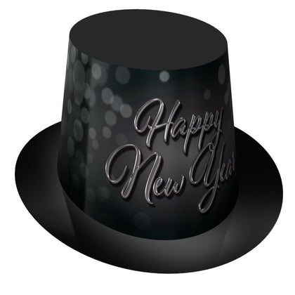 Black top hat with 'Happy New Year' text on a white background