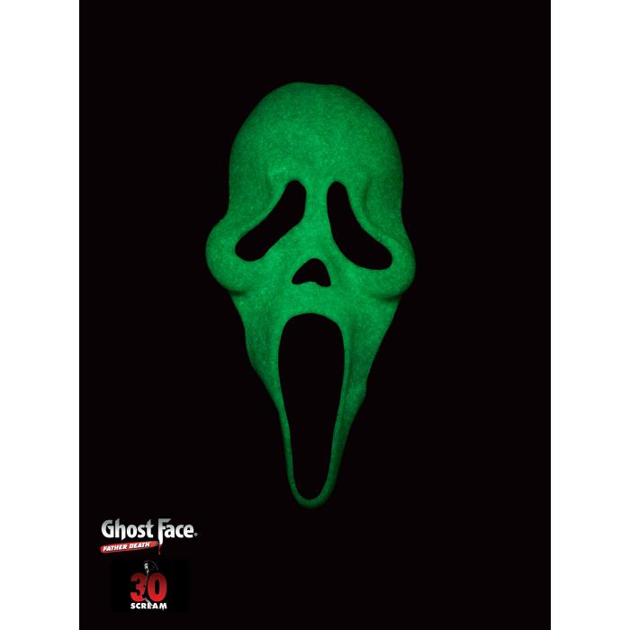 A green glow-in-the-dark Ghost Face mask centered on a black background, with the Ghost Face logo and a small red '30 SCARF-IN' badge near the bottom left.
