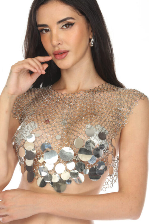 Metallic Chainmail Crop Top with Large Sequin Accents