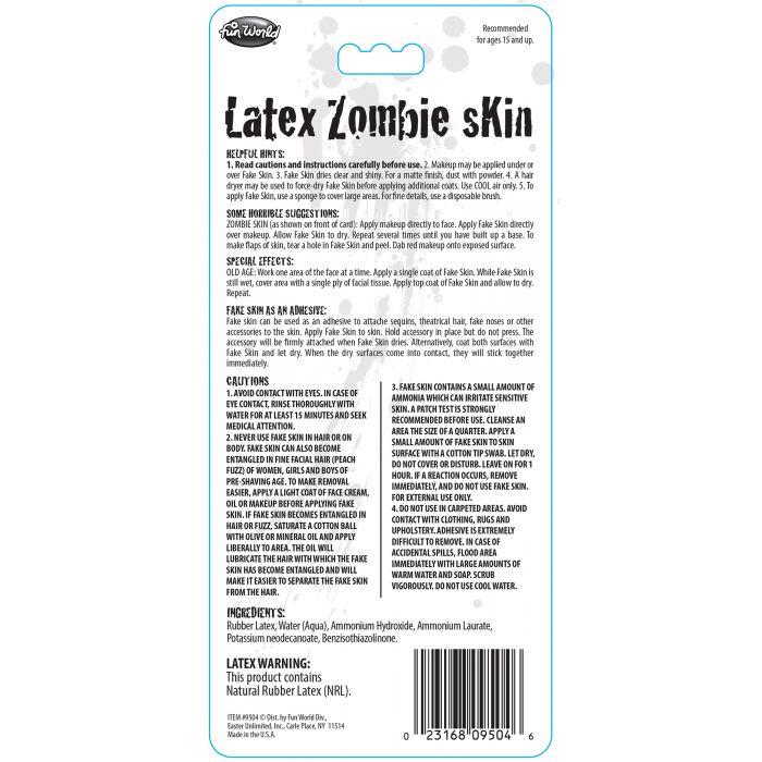 Back label of a latex zombie skin product with text and a barcode on a white background