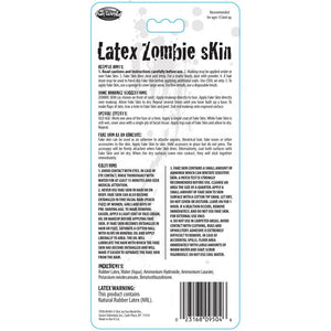 Back label of a latex zombie skin product with text and a barcode on a white background