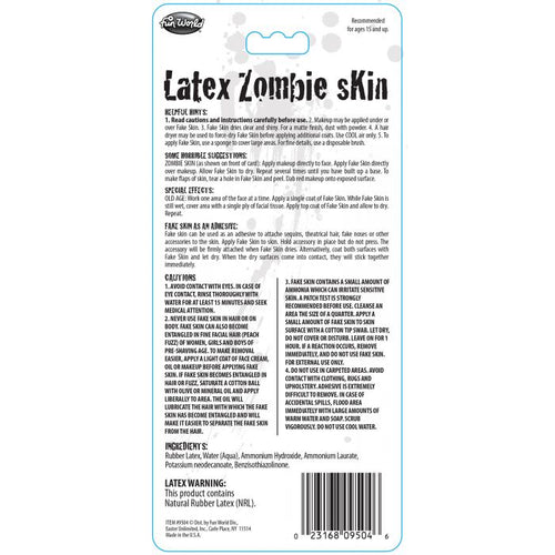 Back label of a latex zombie skin product with text and a barcode on a white background