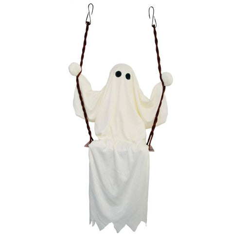 A ghost-shaped hanging swing costume with a white fabric body, black circular eyes, and dark brown hanging straps, shown against a plain white background.