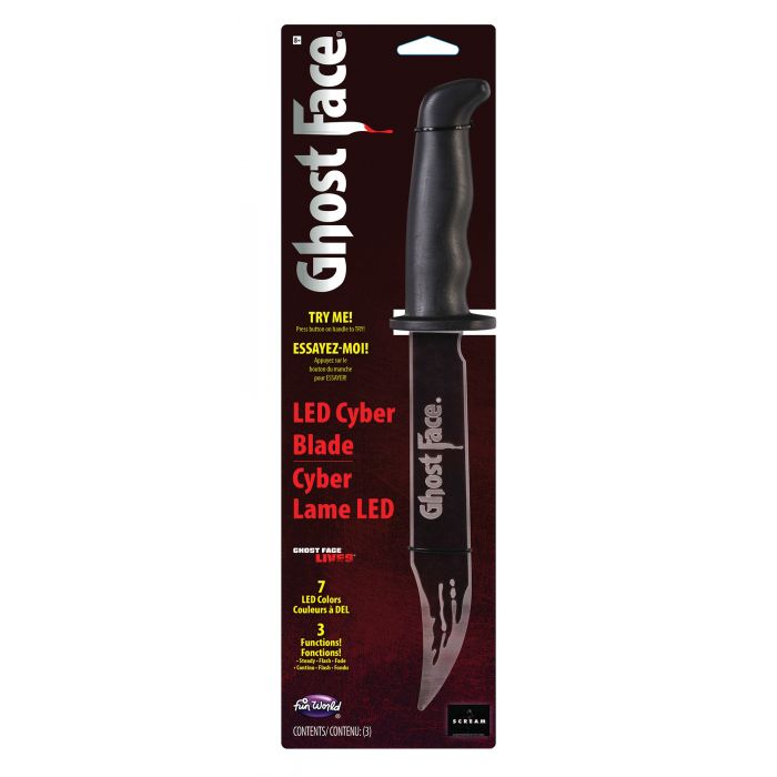 Ghost Face LED Cyber Blade in its original retail packaging, featuring a black handle and a silver blade with the Ghost Face logo, set against a dark red and black card with product details.