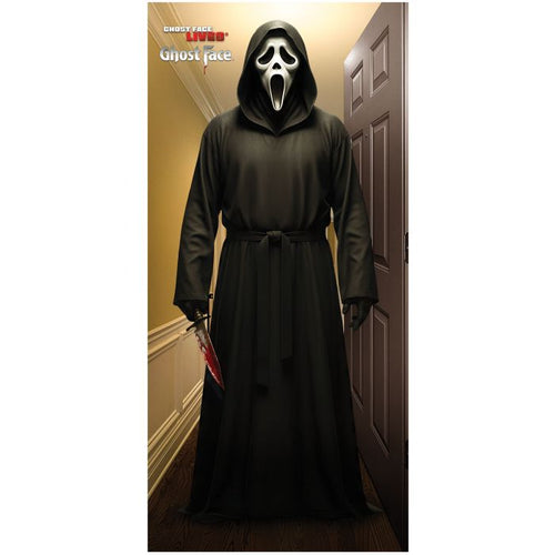 A Ghostface Halloween costume set featuring a long black hooded robe and a white mask with black eyes and a screaming mouth, shown standing in a hallway with a door behind it. The Ghostface logo is visible in the top left corner.