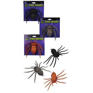 Five toy spider Halloween decorations shown on a white background, including two packaged spiders at the top and three loose spiders below. The spiders are black and orange-brown.