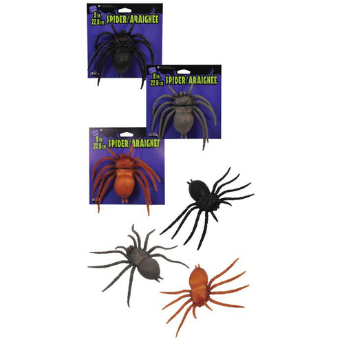Five toy spider Halloween decorations shown on a white background, including two packaged spiders at the top and three loose spiders below. The spiders are black and orange-brown.