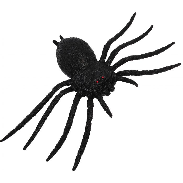 A black plush spider toy with red eyes, shown against a plain white background.